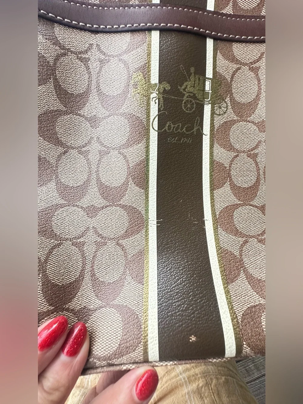 Coach Brown Signature Canvas Tote with Cream Stripe